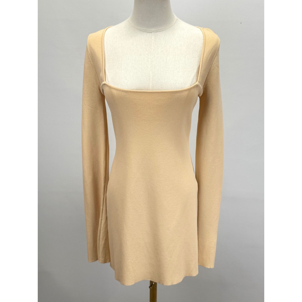 Simon Miller beige Rib Knit Square Neck Long Sleeve tunic top with Side Slits